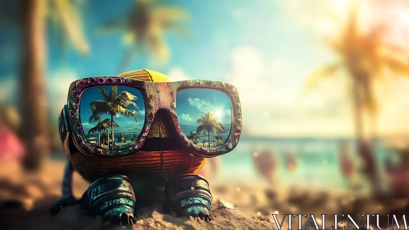 Stylized beach crab model wears reflective sunglasses calmly