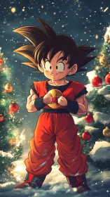 Anime boy holds glowing sphere among snow lit Christmas trees
