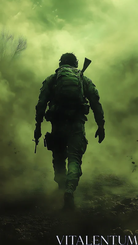 Lone tactical soldier advances through toxic green fog field