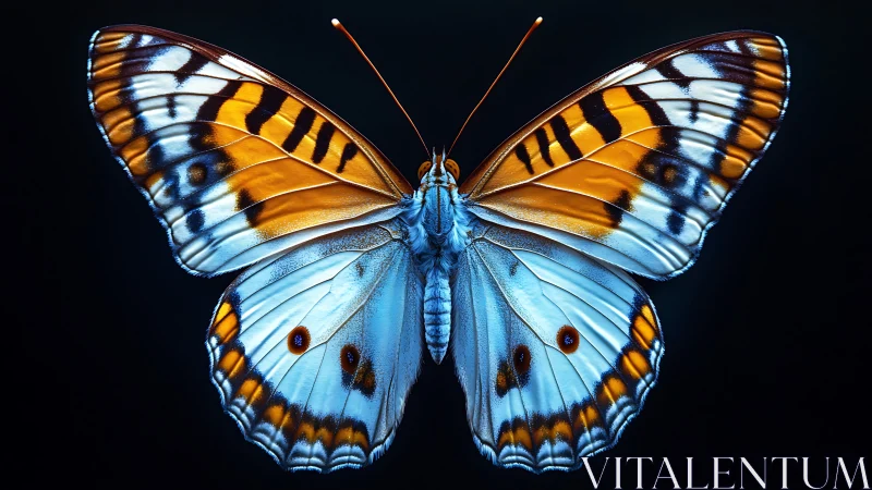 Vibrant butterfly spreads luminous wings against deep black
