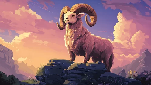 Majestic mountain ram stands proud beneath painted skies.