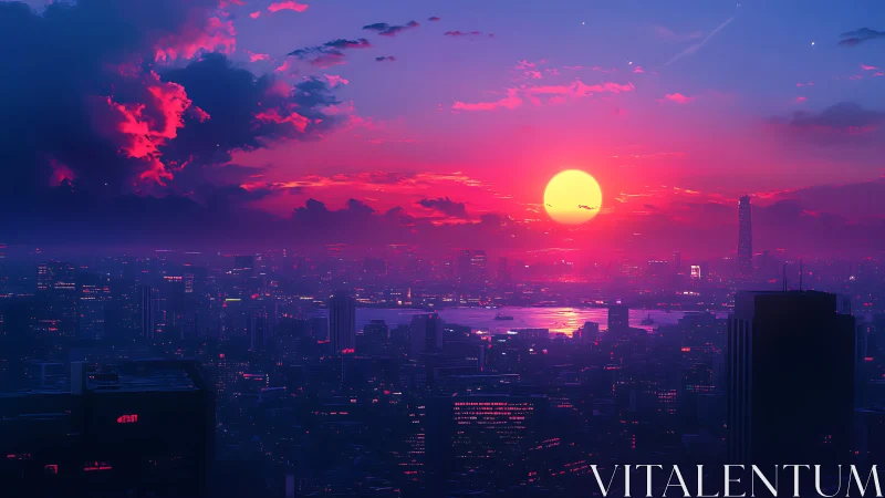 Neon dusk skyline renders a luminous cybernetic urban horizon