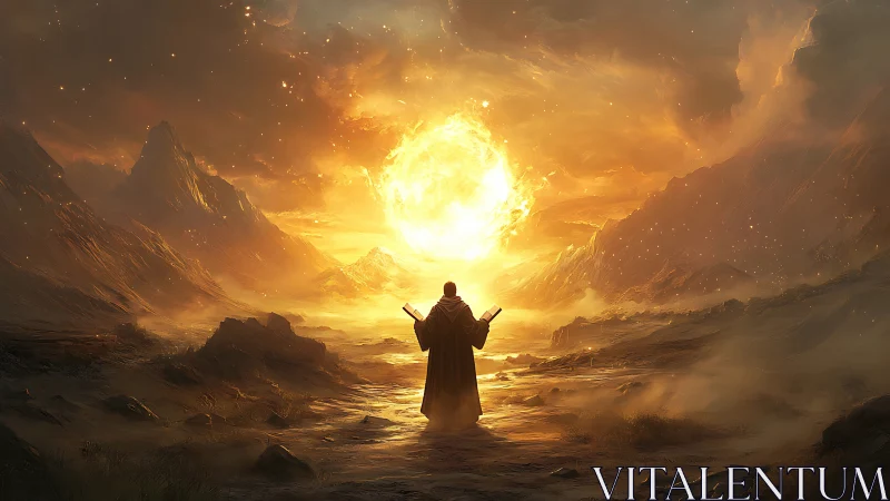 Robe-clad mage summons blazing sun over desolate valley