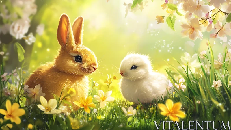 Spring meadow dream with bunny and chick in warm sunlight.