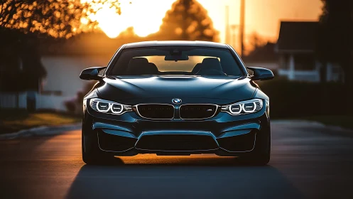 BMW sports coupe front view under cinematic golden hour lighting