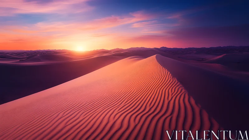 Sunrise light sculpts rippled dune ridge across silent desert