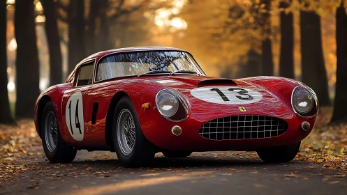 Classic red GT race car with numbered livery in autumn tree-lined lane