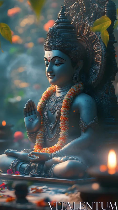 Stone deity statue sits in lotus pose amid soft candlelight