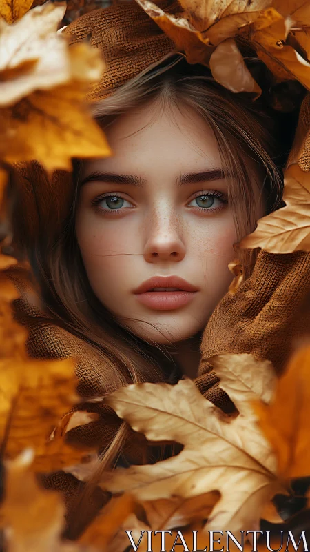 Autumn portrait with teal eyes framed by golden foliage.