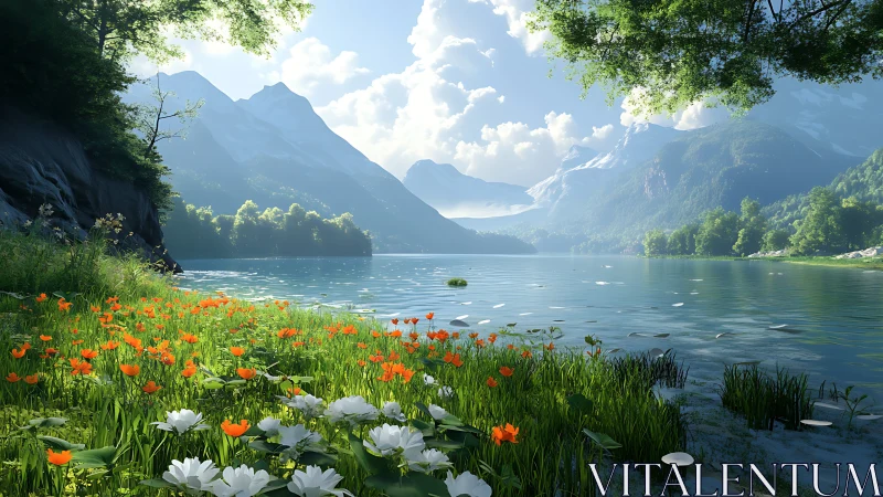 Mountain lake with wildflowers and distant snow peaks.