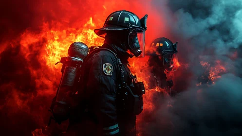 Structural Fire Combat: SCBA-Equipped Firefighters Battling Intense Blaze.