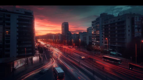 City boulevard burns with neon traffic under crimson dusk