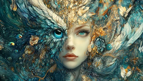 Mythic woman merges with jeweled avian spirit mask