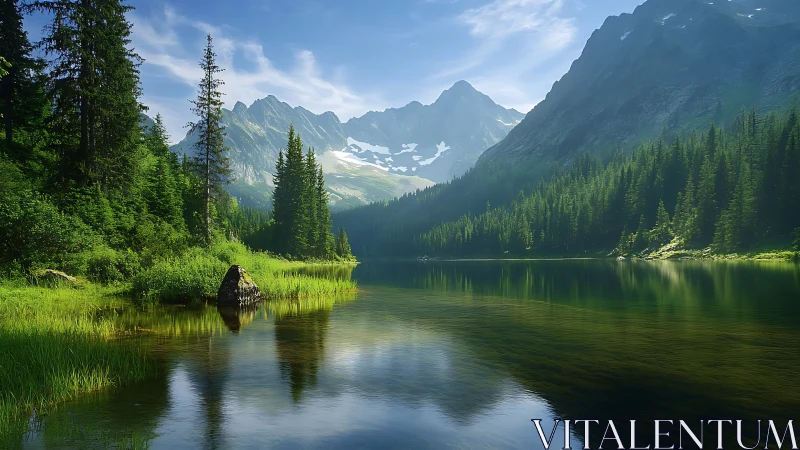 Alpine lake panorama with conifer forest and snowcapped peaks