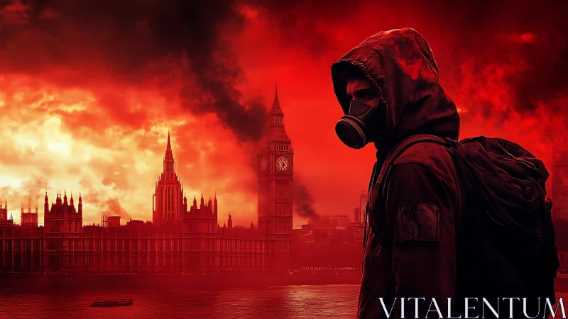 Hooded survivor over apocalyptic London skyline at dusk.