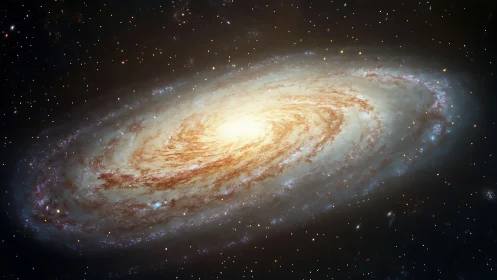 Spiral galaxy with bright core and dust lanes in space.