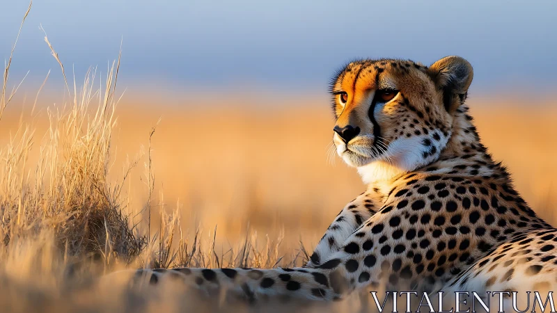 Cheetah at Rest in Savanna Grassland During Golden Hour