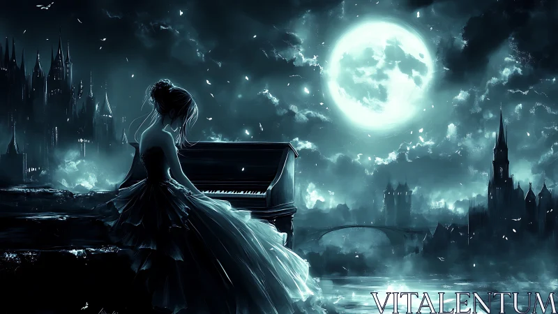 Moonlit woman at grand piano facing dark gothic city.