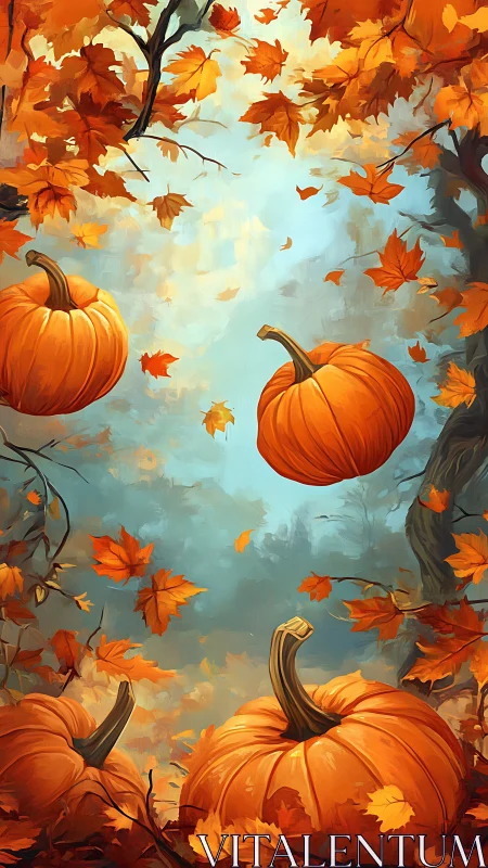Glowing pumpkins rest under a lively swirl of autumn leaves