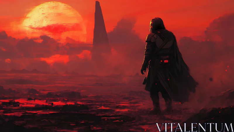 Lone armored wanderer surveys volcanic wasteland at red sunset