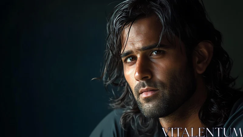 Quiet strength glows in a thoughtful long haired portrait