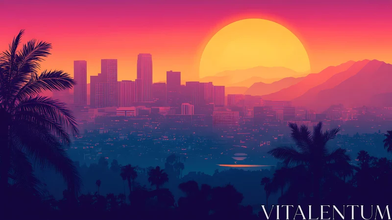 Neon gradient sunset over stylized city skyline with palm silhouettes