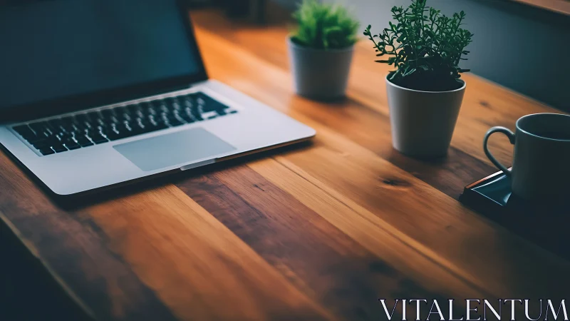 Calibrated laptop workspace with potted foliage and warm illumination.
