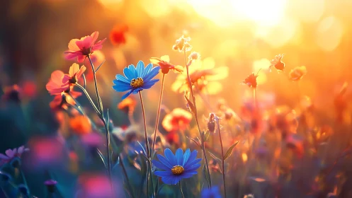 Backlit wildflower meadow in warm bokeh glow, digital painting.