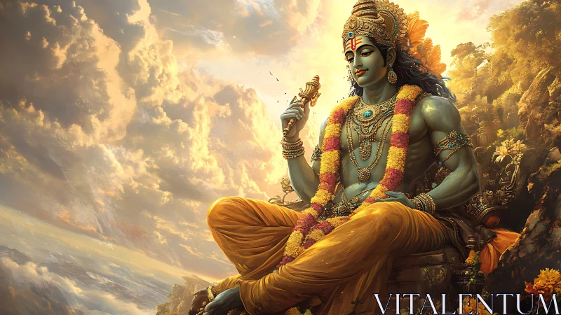 Divine blue-skinned deity in ornate throne amid volumetric sunlit clouds