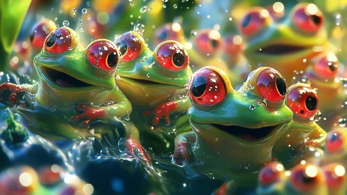 Hyperrealistic red-eyed tree frog cluster in luminous pond