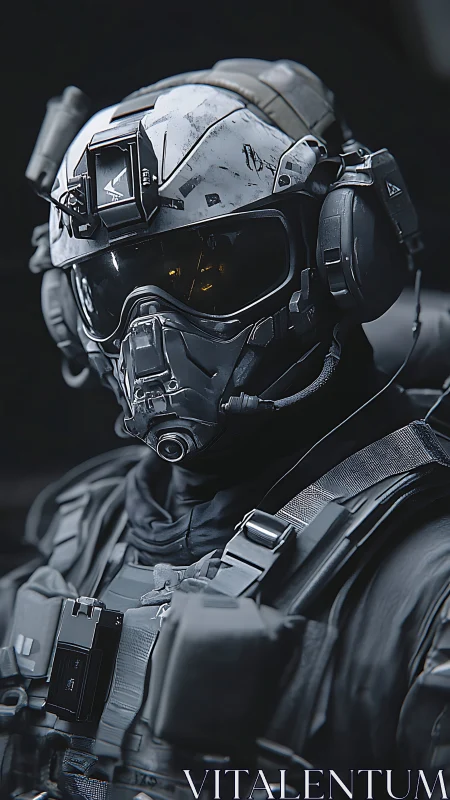 Tactical exosuit pilot in armored respirator combat helmet.