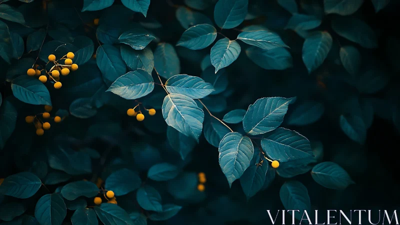 Dark green foliage with yellow berries in moody natural light.