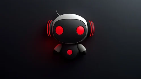 Cute black and red robot mascot on dark gradient background.