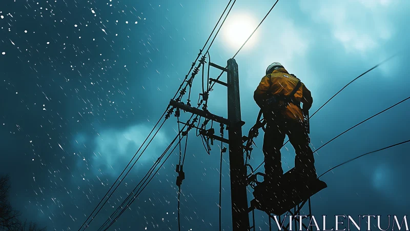 Utility linesman repairs stormy power grid at dusk.