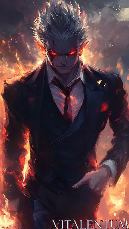 Flame-surrounded suited figure with glowing red eyes.