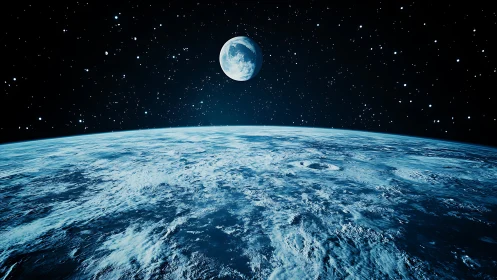 Quiet lunar sentinel over a frost-blue planetary horizon.