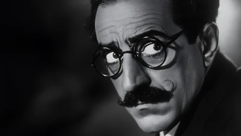 Black and white portrait of man with glasses and mustache.