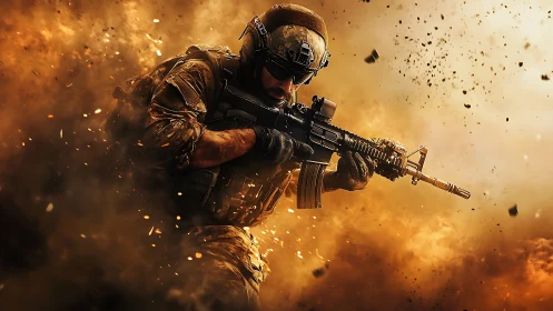 Battle-scarred soldier cuts through a storm of burning dust.