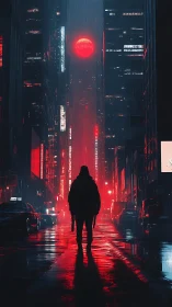 Lone figure in red lit rainy cyberpunk city street at night.
