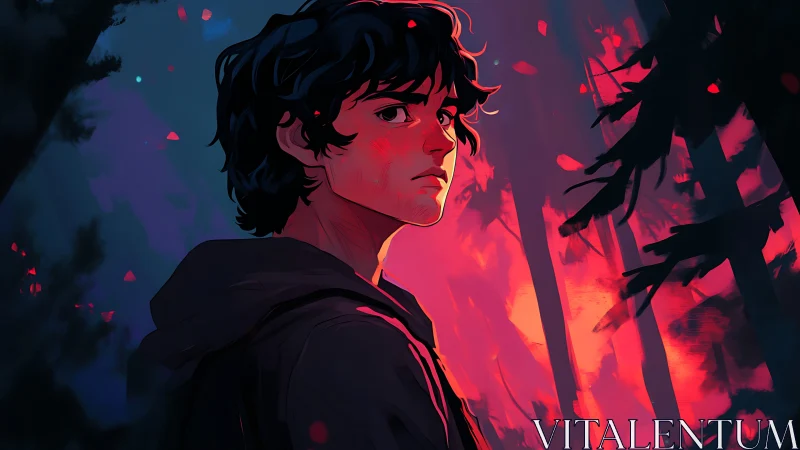 Brooding teen stands in neon-lit forest at dusk glow.