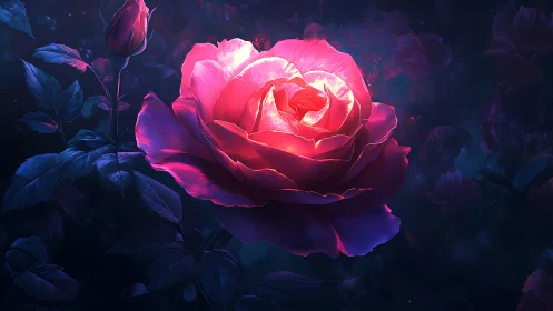 Neon rose with luminous petals glowing against dark background