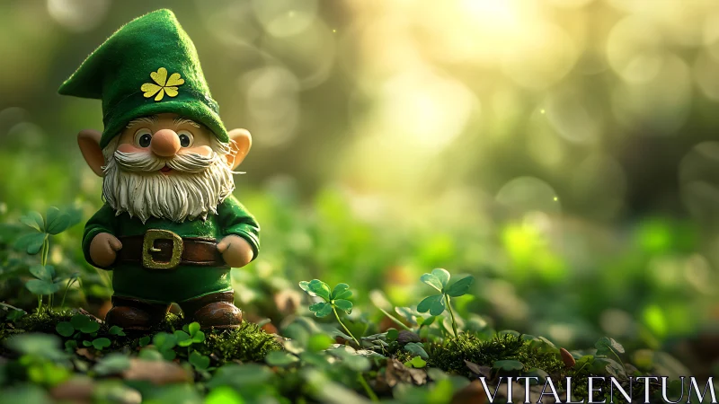 Cheerful forest gnome in clover bathed in golden light.