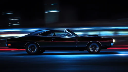 Muscle car cuts through neon city lights in night motion