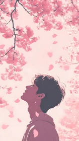 Side profile silhouette under drifting pink cherry blossoms