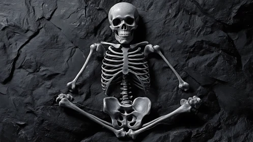 Human skeleton rests on dark stone with dramatic light.