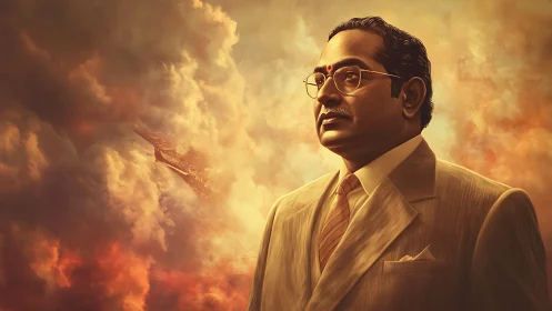 Skybound visionary in sepia suit amid ember clouds.