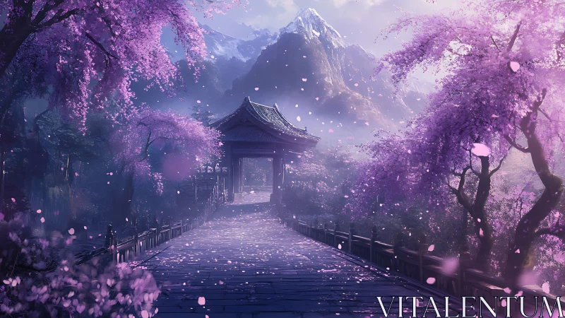 Blossom bridge drifts toward misty pagoda beneath silver peaks.