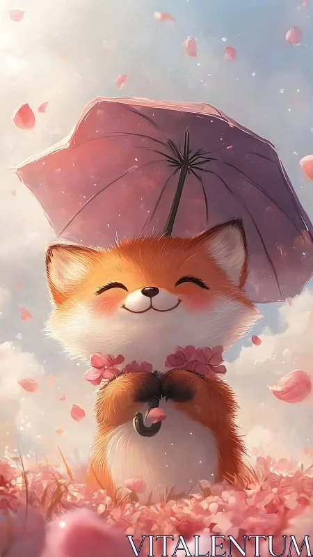 Smiling cartoon fox holds pink umbrella in falling petals
