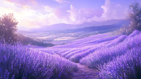 Lavender hills glowing under a dreamy, sunlit sky.