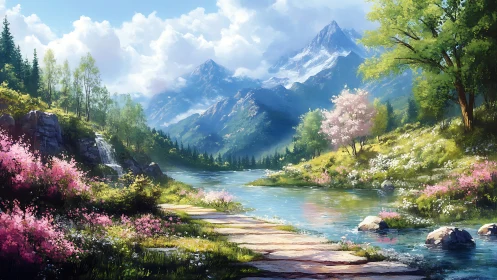 Spring mountain river landscape in luminous digital painting.